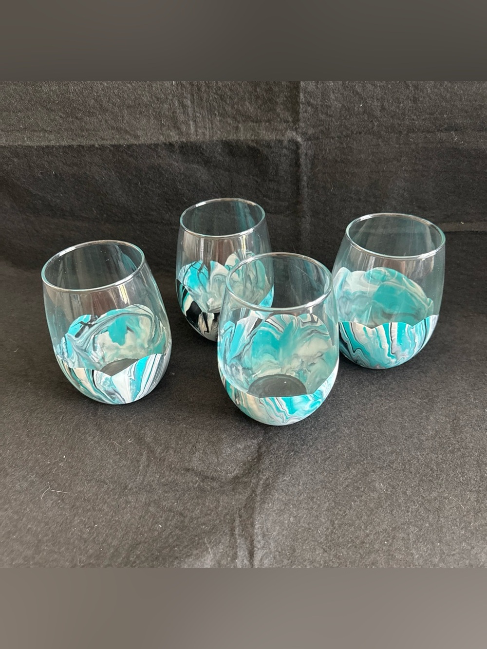 Water Marbled Stemless Wine Glasses Set Of 4 Handmade Unique Turquoise White
